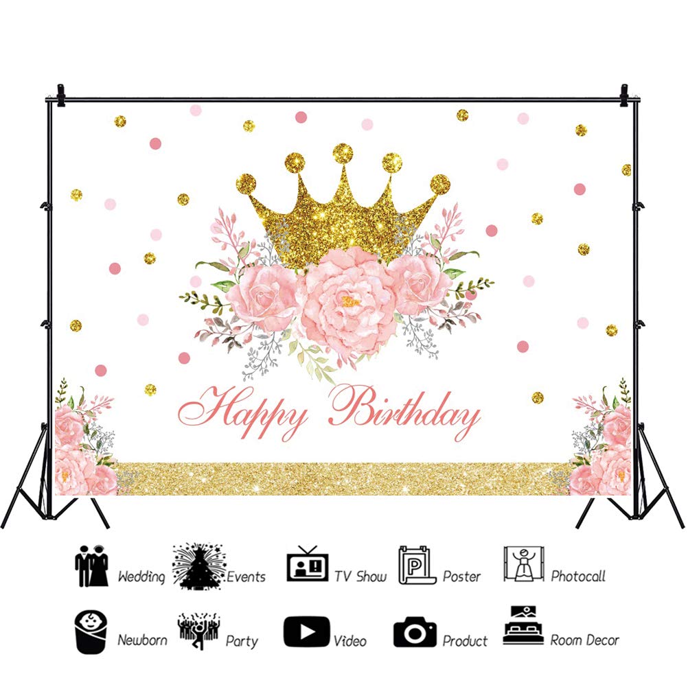 Dorcev 7X5Ft Happy Birthday Backdrop For Luxury Princess Girls Birthday Party Background Shiny Glitter Gold Princess Crown Pink