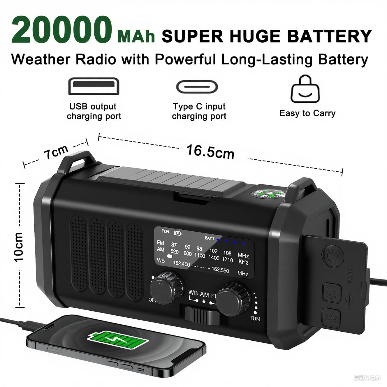 Emergency Radio Noaa Weather Radio Hand Crank & Solar Charging 20000Mah/74000Mwh With Am Fm Rechargeable Battery Built-In Flashl