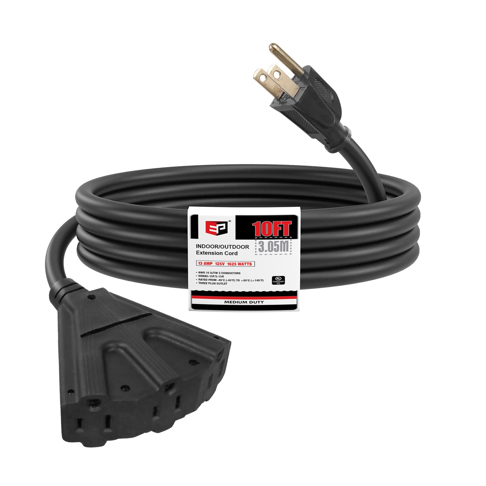 Ep 10 Ft Outdoor Extension Cord With 3 Electrical Power Outlets   16/3 Sjtw Black Cable With 3 Prong Grounded Plug For Safety Gr