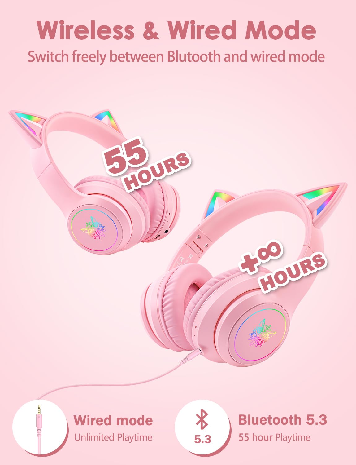 Onitoon Cat Ear Bluetooth Headphones With Micphone For Kids & Adults, Led Light Up Wireless Hi-Fi Sound Quality, Over-Ear Headph