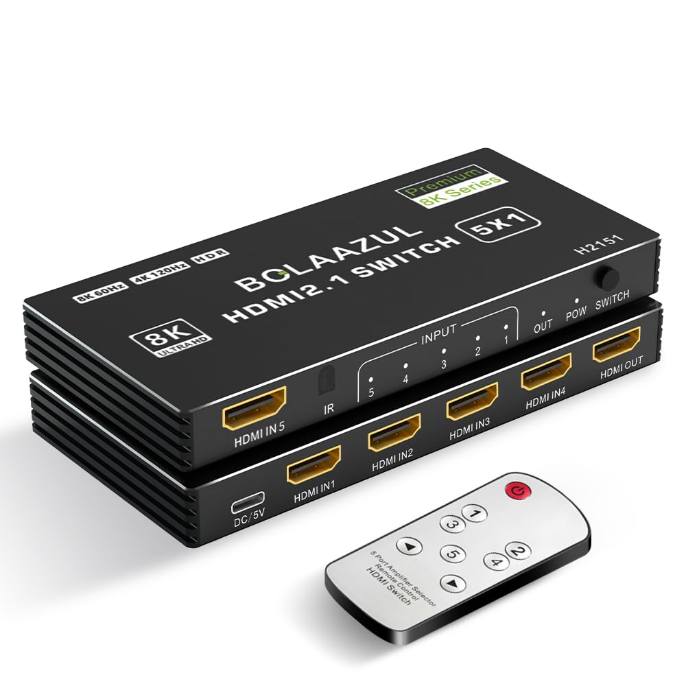 8K Hdmi 2.1 Switch 120Hz 4K 5 In 1 Out, Bolaazul 8K@60Hz Hdmi 2.1 Splitter Switcher Selector Box 5 Port With Remote 4K 120Hz 2K