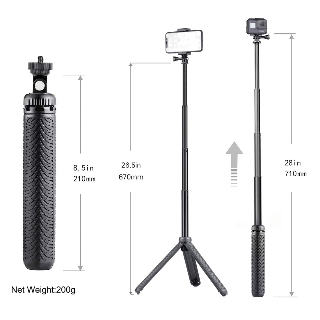 Extendable Selfie Stick/Handgrip/Monopod/Tripod For Gopro Hero 13 12 11 10 9 8 7 6 5 4 3 2 Session 2018, Acaso, Ek5000 Ek7000/Sj