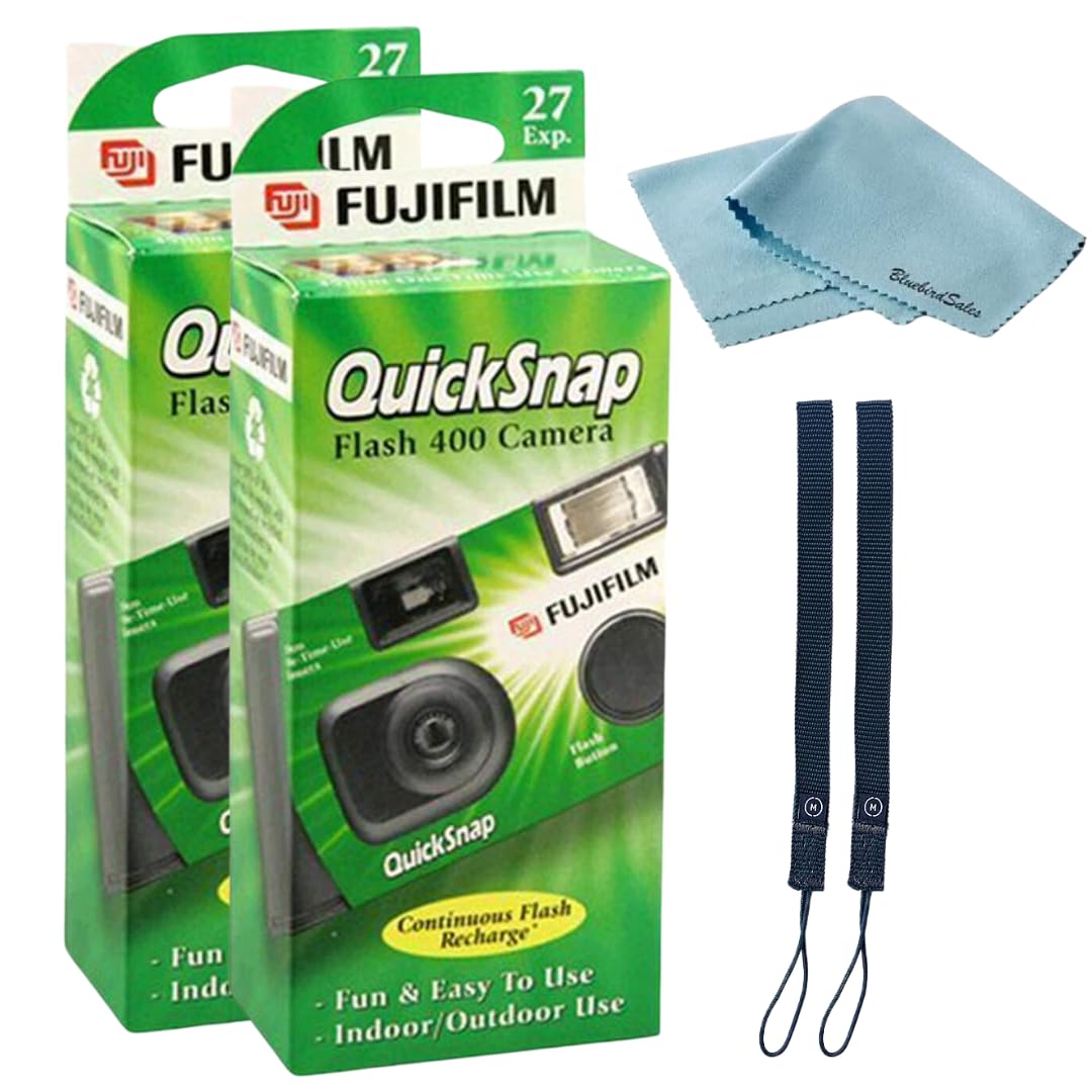 Fujifilm Quicksnap Flash 400 Disposable 35Mm Camera � 2 Pack � 2 Hand Straps � Bluebirdsales Microfiber Cleaning Cloth