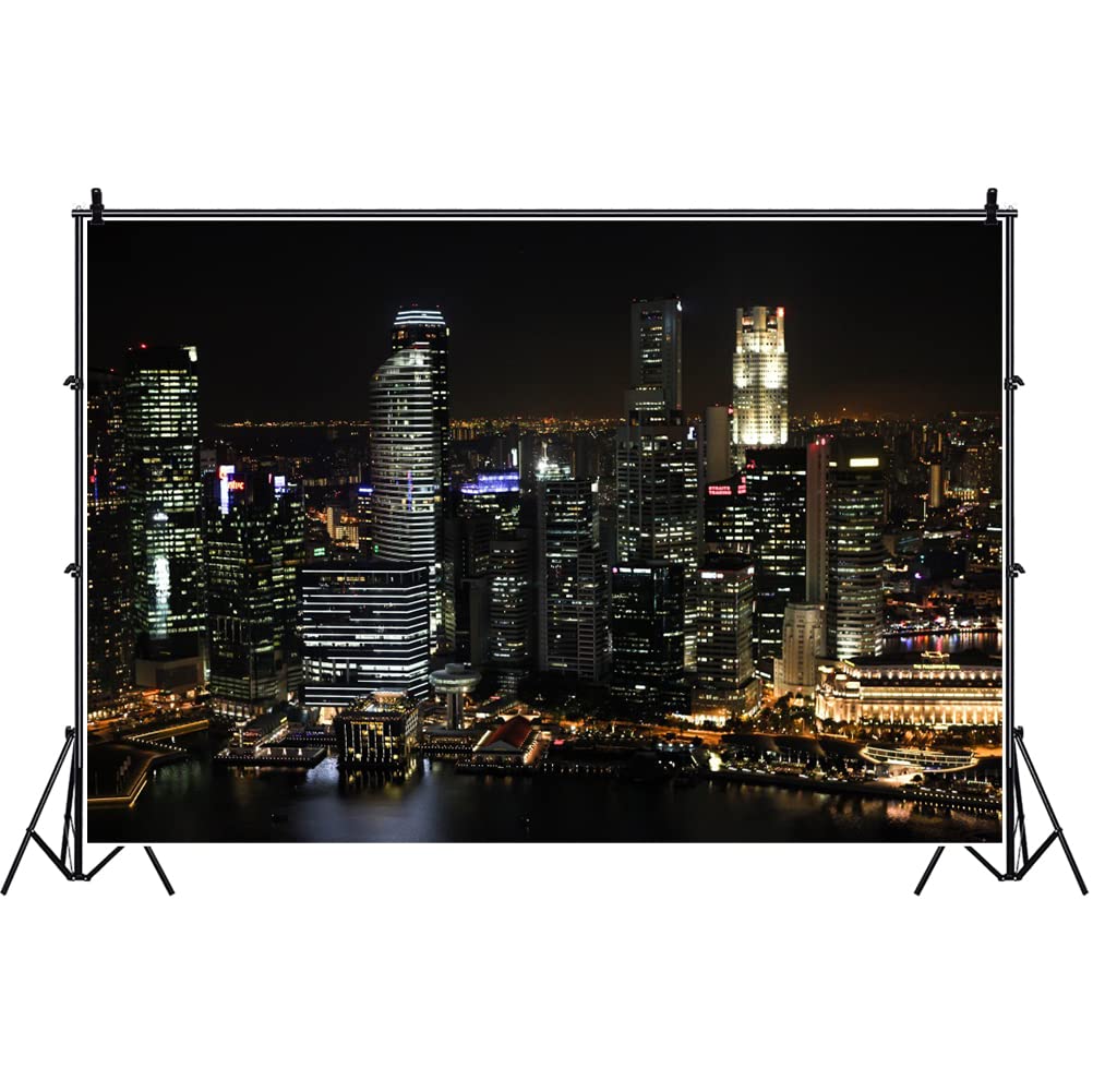 Laeacco 7X5Ft Aerial View Famous Big City Backdrop For Photography Modern City Night View Background Skyscraper Urban Light Skyline Birthday Party Banner Online Live Broadcast Video Prop Photo Studio
