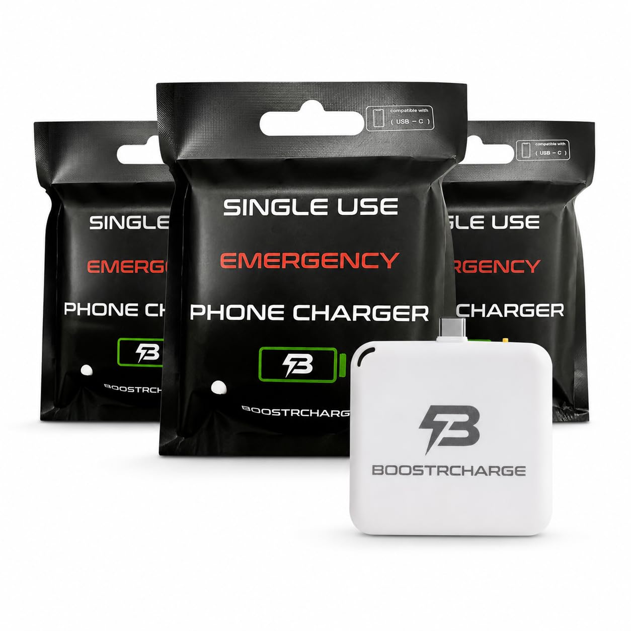 Boostrcharge SingleUse Emergency Phone Charger, PreCharged & Ready to Use, No Cables Needed, USBC, 3Pack