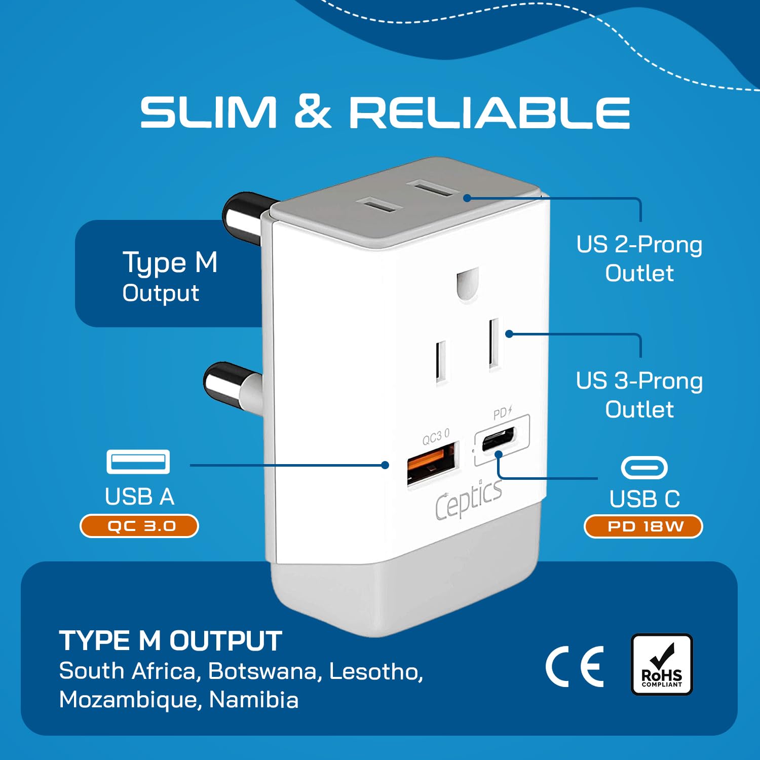 Ceptics South Africa Power Plug Adapter Travel Qc 3.0 & Pd, Safe Dual Usb & Usb-C - 2 Usa Socket Compact & Powerful - Use In S.