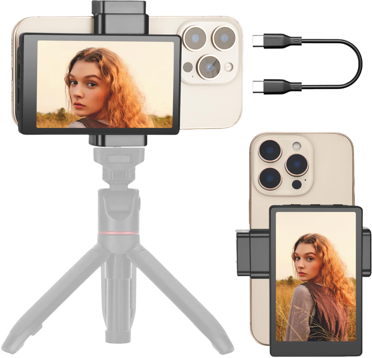 Omnimaster Phone Vlog Selfie Monitor Screen, Magnetic Phone Holder Clip Mount, Using Rear Camera For Selfie Vlog Or Live Stream 