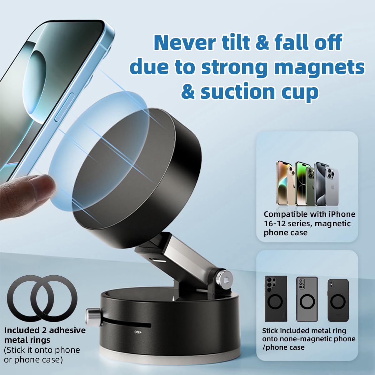 Auksky Vacuum Magnetic Phone Holder - 360 Rotatable, Foldable Car Mount With Windshield Suction Cup & Metal Ring Compatible With