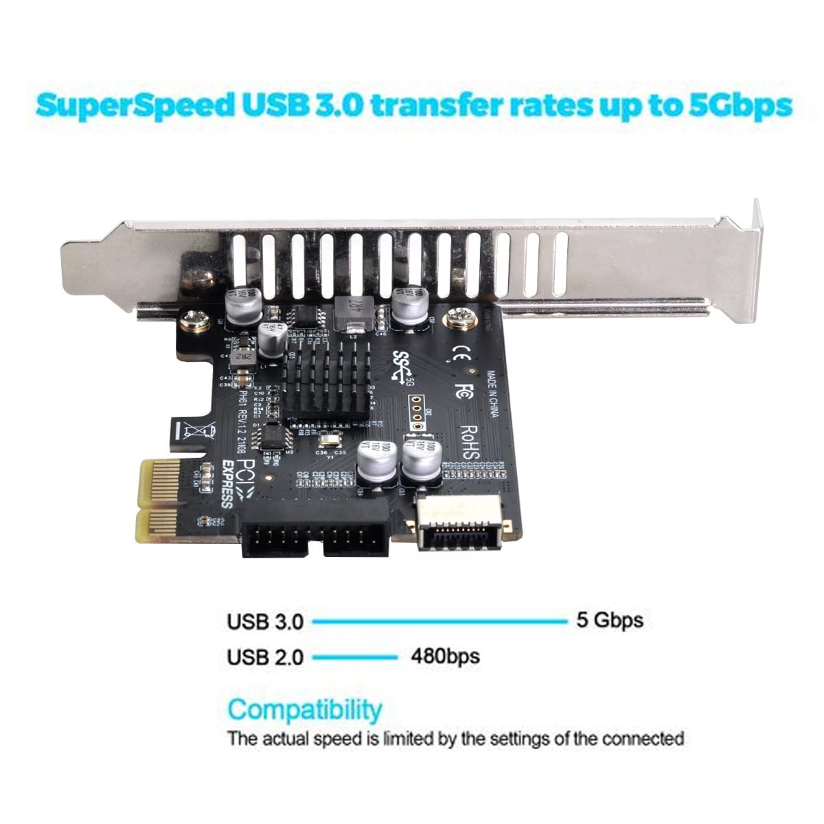 cablecc 5Gbps Type E USB 3.1 Front Panel Socket & USB 2.0 to PCI E 1X Express Card VL805 Adapter for Motherboard