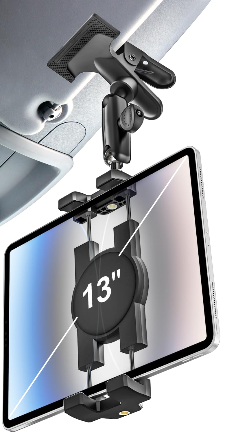 Woleyi Tablet Holder For Car Sun Visor - [Metal Magic Arm] 360 Adjustable Tablet Car Mount For Ipad Holder Super Visor Clamp, Fo