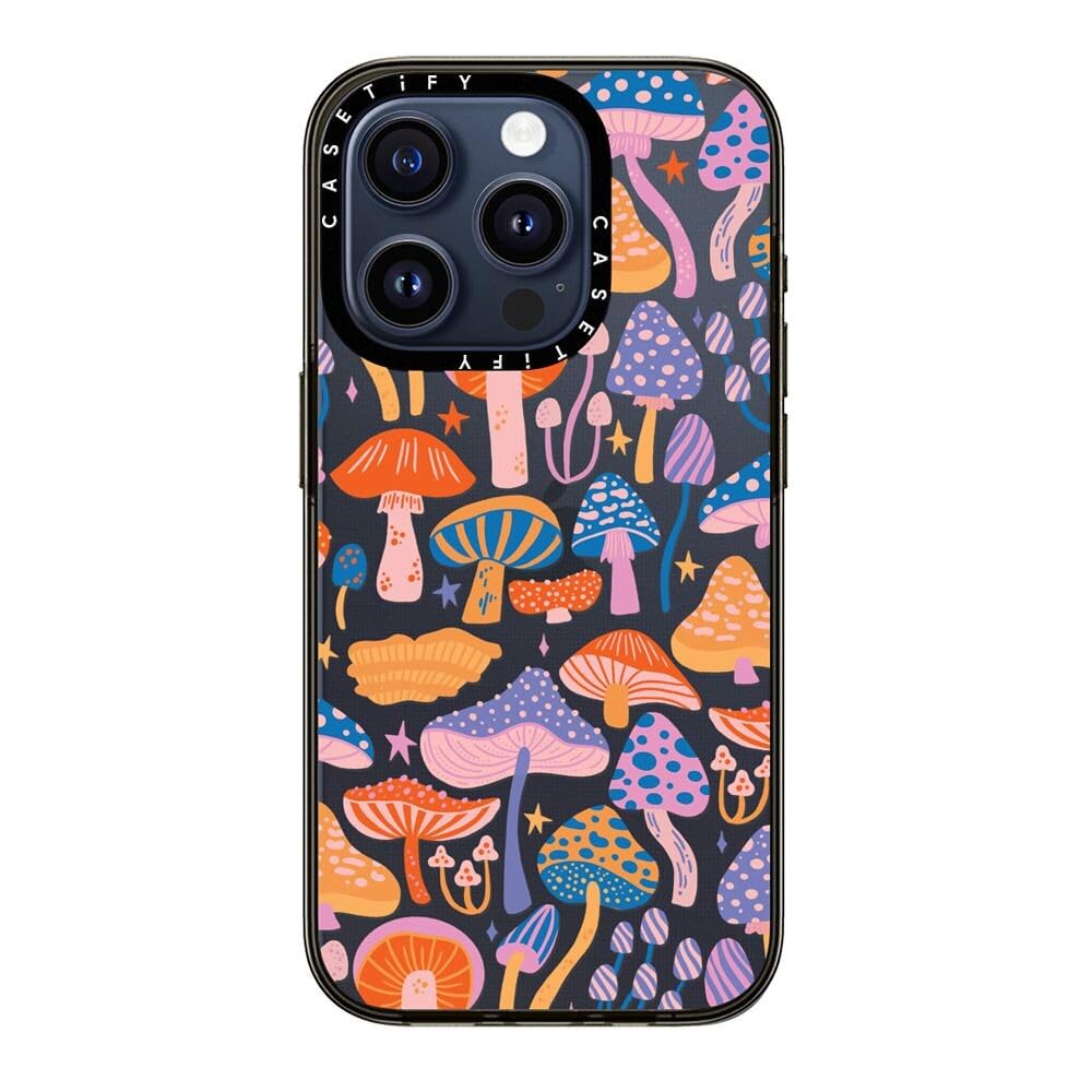 Casetify Compact Iphone 15 Pro Case [2X Military Grade Drop Tested / 4Ft Drop Protection]   Magic Mushrooms   Clear Black