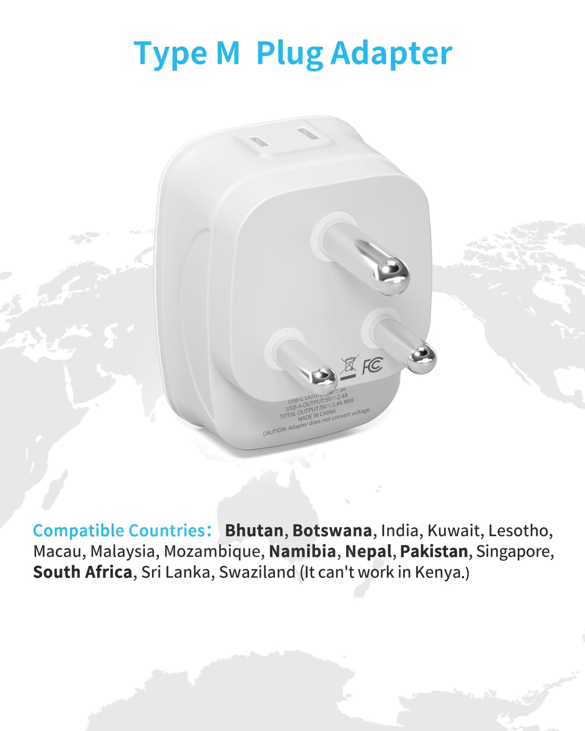 2 Pack South Africa Plug Adapter, Vintar Type M Plug Adapter With 1 Usb C, 3 Usb Ports And 2 American Outlets, 6 In 1 Travel Ada