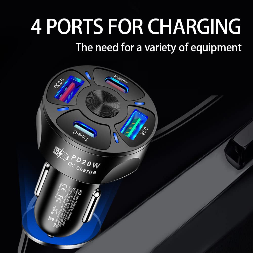 Car Charger Adapter,4 Ports Usb Fast Car Charger Qc3.0/Pd20W/Type C/2.1A, Smart Shunt Car Phone Charger Compatible Iphone 14 13