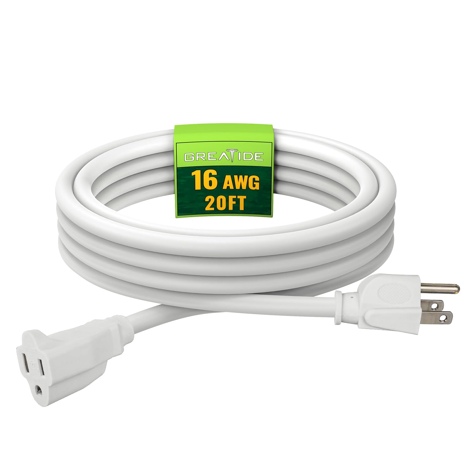 Greatide Indoor Outdoor Extension Cord 20 Ft, 16/3 Sjtw Weatherproof White Electrical Cords, 13 Amp Heavy Duty 3 Prong Power Cab