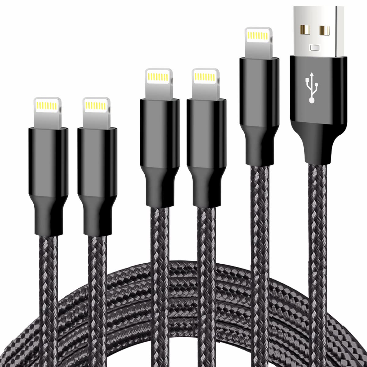 Cugunu Iphone Charger, 5 Pack 3/3/6/6/10Ft Apple Mfi Certified Usb Lightning Cable Nylon Braided Fast Charging Cord Compatible For Iphone 14/13/12/11/X/Max/8/7/6/5/Se/Plus/Ipad   Black