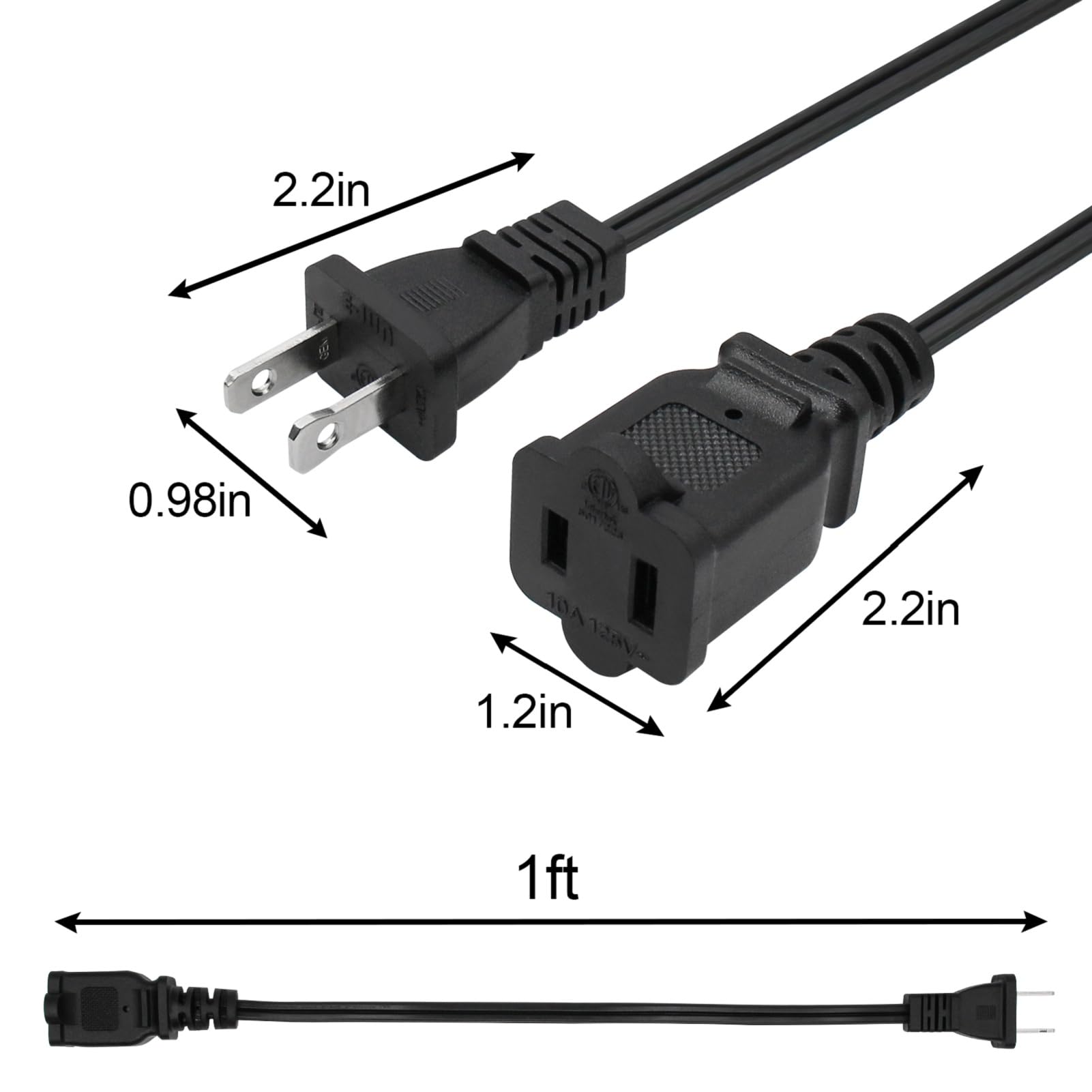 2 Prong Extension Cord 1Ft,Short Flexible Extension Cable Black,Us Male/Female Power Cable For Nema 1 15P To Nema 1 15R, Ul List
