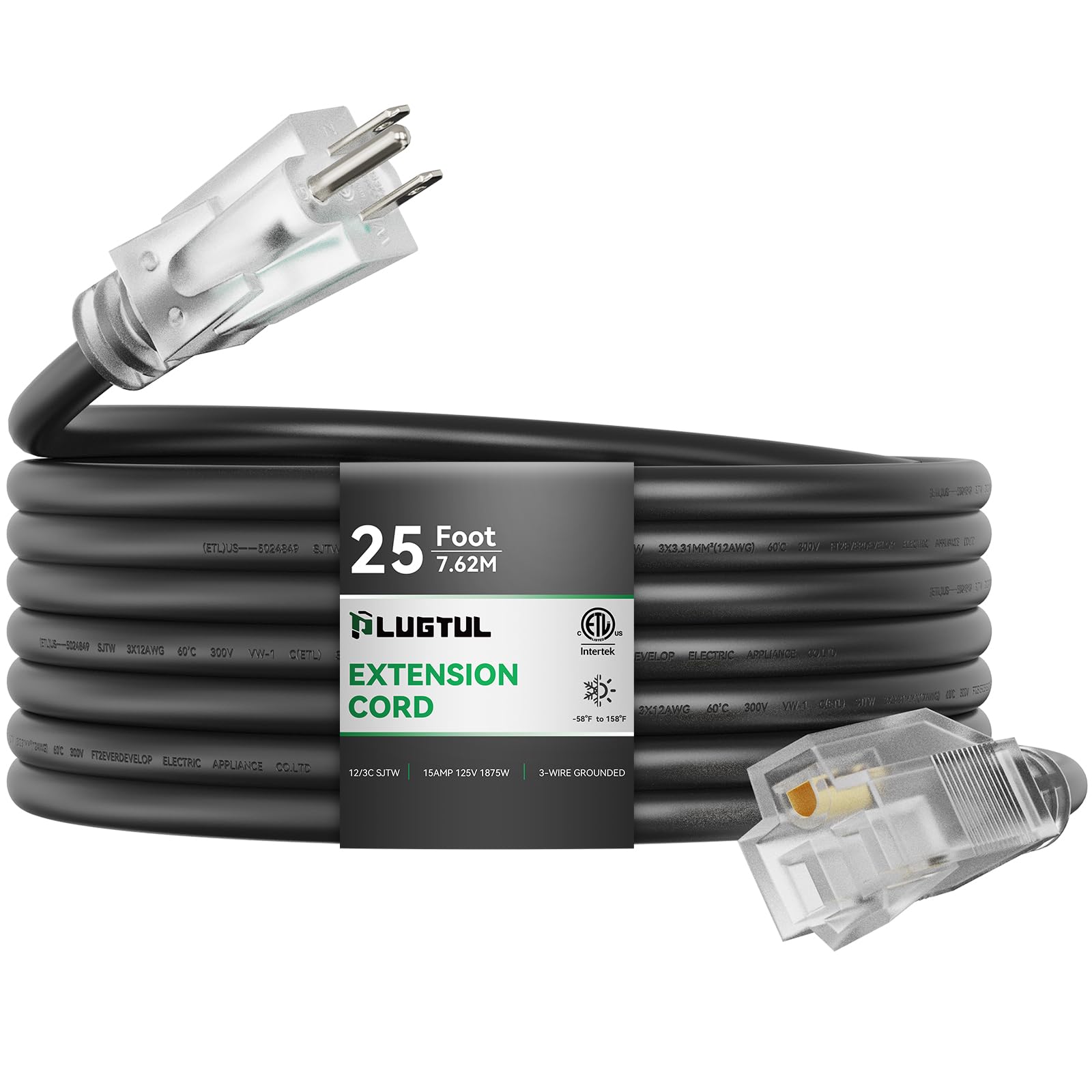Plugtul Outdoor Extension Cord 25Ft, 12 Gauge Extension Cord With Lighted End, Heavy Duty,15A 1875W Sjtw, Etl Listed, Great For