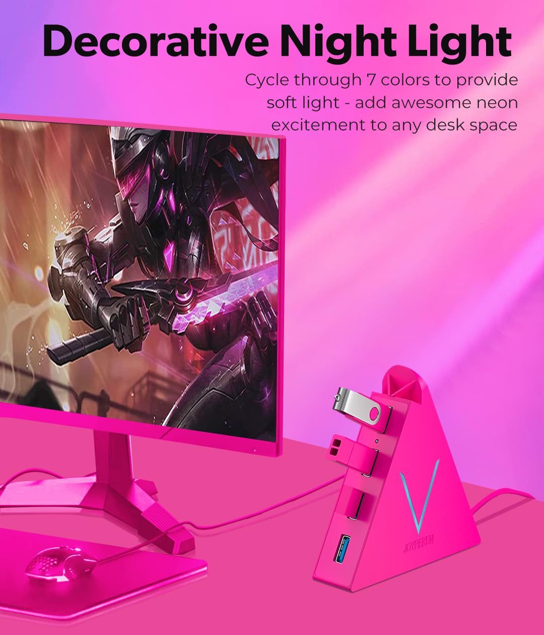 Usb Hub 3.0, Joyreken 4 Port Usb Splitter For Laptop, Ps4 Keyboard And Mouse Adapter Compatible With Xbox, Pc, Macbook, Surface Pro, Flash Drive, Hdd, Console, Printer, Camera,Keyborad,Mouse, Hot Pink