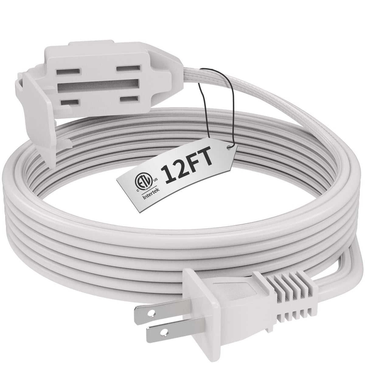 Plugtul Indoor White Extension Cord 12 Feet, 3 Outlet Household Extension Cord, 2 Prong, 16 Gauge, 3 Polarized Outlets With Safe