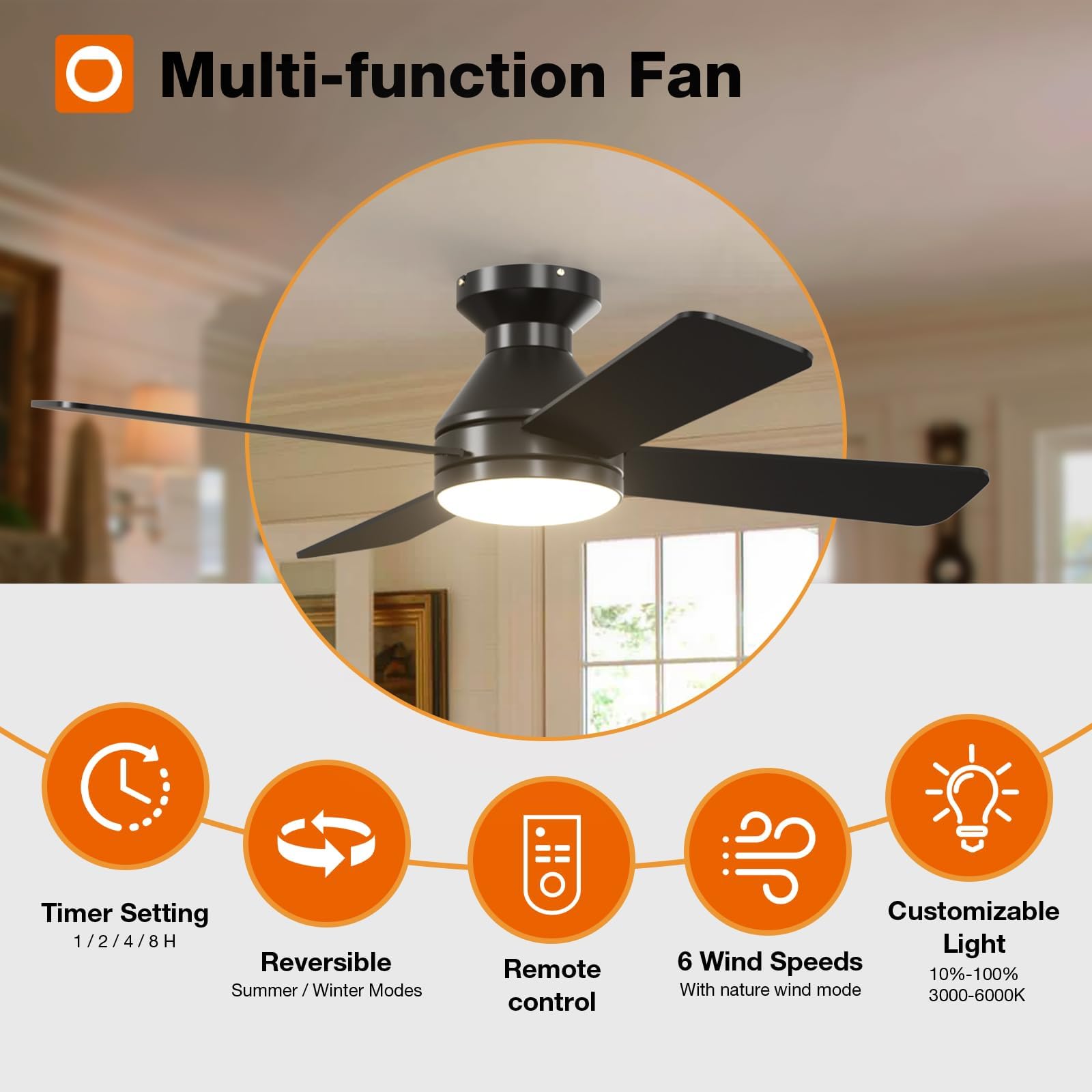 Addlon Ceiling Fans With Lights, 42 Inch Low Profile Ceiling Fan With Light And Remote Control, Flush Mount, Reversible, 3Cct Di