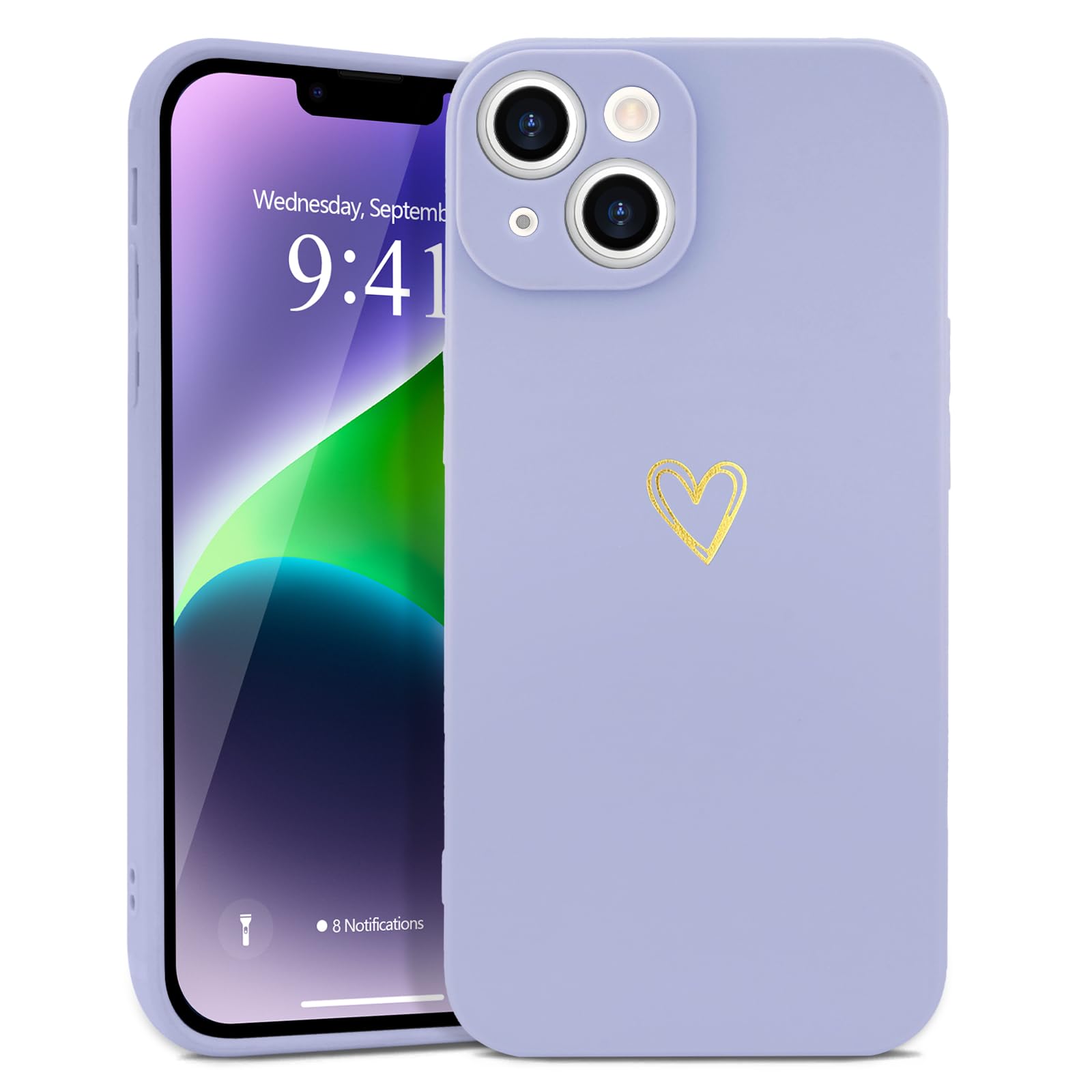 Wirvyuer For Iphone 14 Case Cute Heart Pattern Soft Shockproof Protective Silicone Phone Case For Women Girls, Lilac Purple