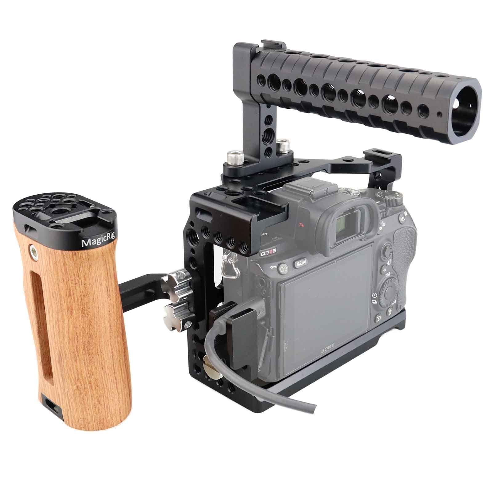 Magicrig Camera Cage Kit For Sony A7Iii Series,With Top Handle Grip Wooden Side Handle Hdmi Cable Clamp Lock,Built In Cold Shoe