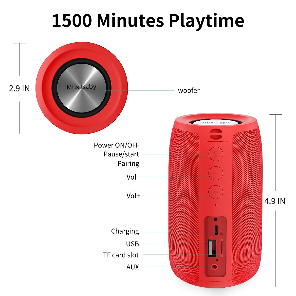 Bluetooth Speaker,Musibaby Wireless,Outdoor, Waterproof,Portable Speaker,Dual Pairing, Bluetooth 5.0,Loud Stereo,Booming Bass,24H Playtime For Home&Party,Gifts(Pure Red)