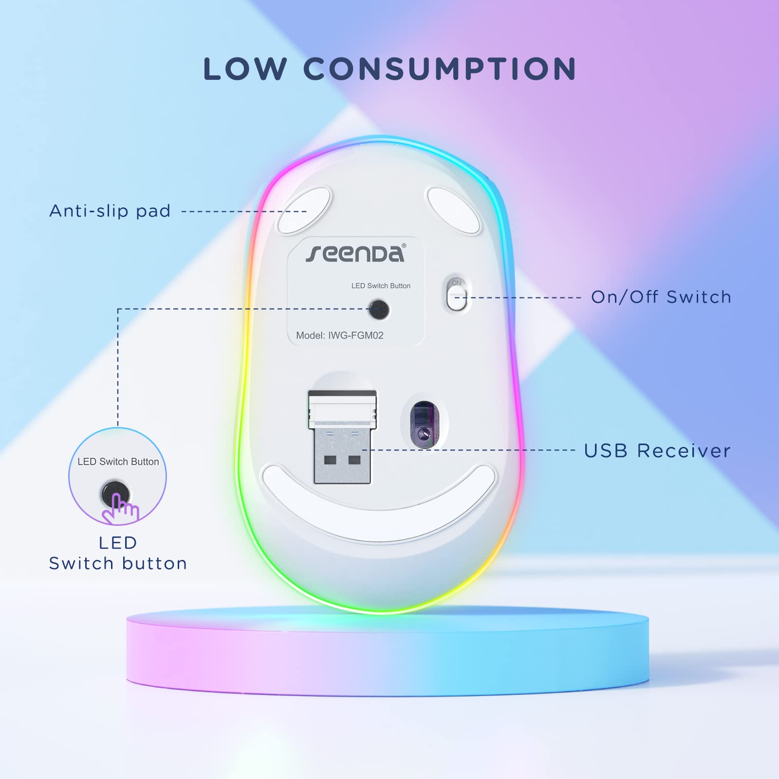 Seenda Wireless Mouse, Rechargeable Light Up Mouse For Laptop, Small Cordless Mice With Quiet Click Led Rainbow Lights For Pc Computer Chromebook Windows Mac, Blue &Purple