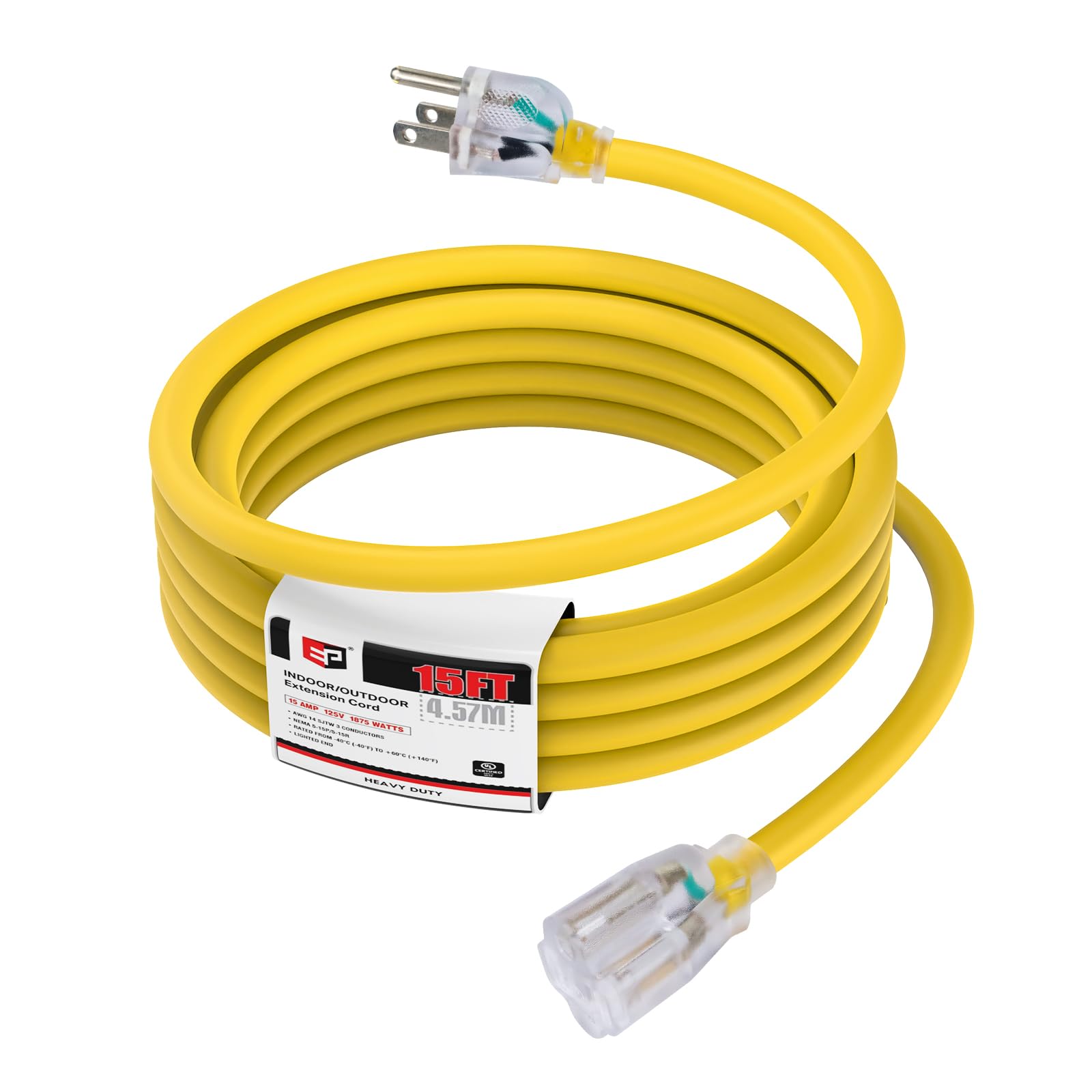 Ep 15 Ft 14/3 Lighted Outdoor Extension Cord   14 Gauge Sjtw Heavy Duty Yellow Extension Cable With 3 Prong Grounded Plug, Great