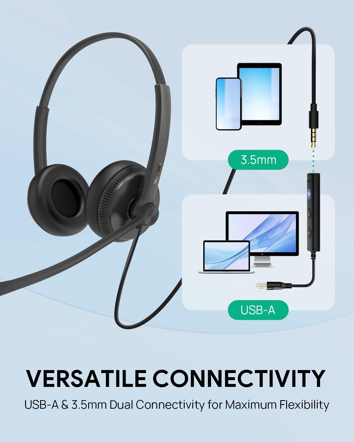 Yealink Uh34 Usb Headset With Mic,Usb-A 3.5Mm Jack Wired Headphones With Noise Cancelling Microphone,In-Line Control For Mac Pc