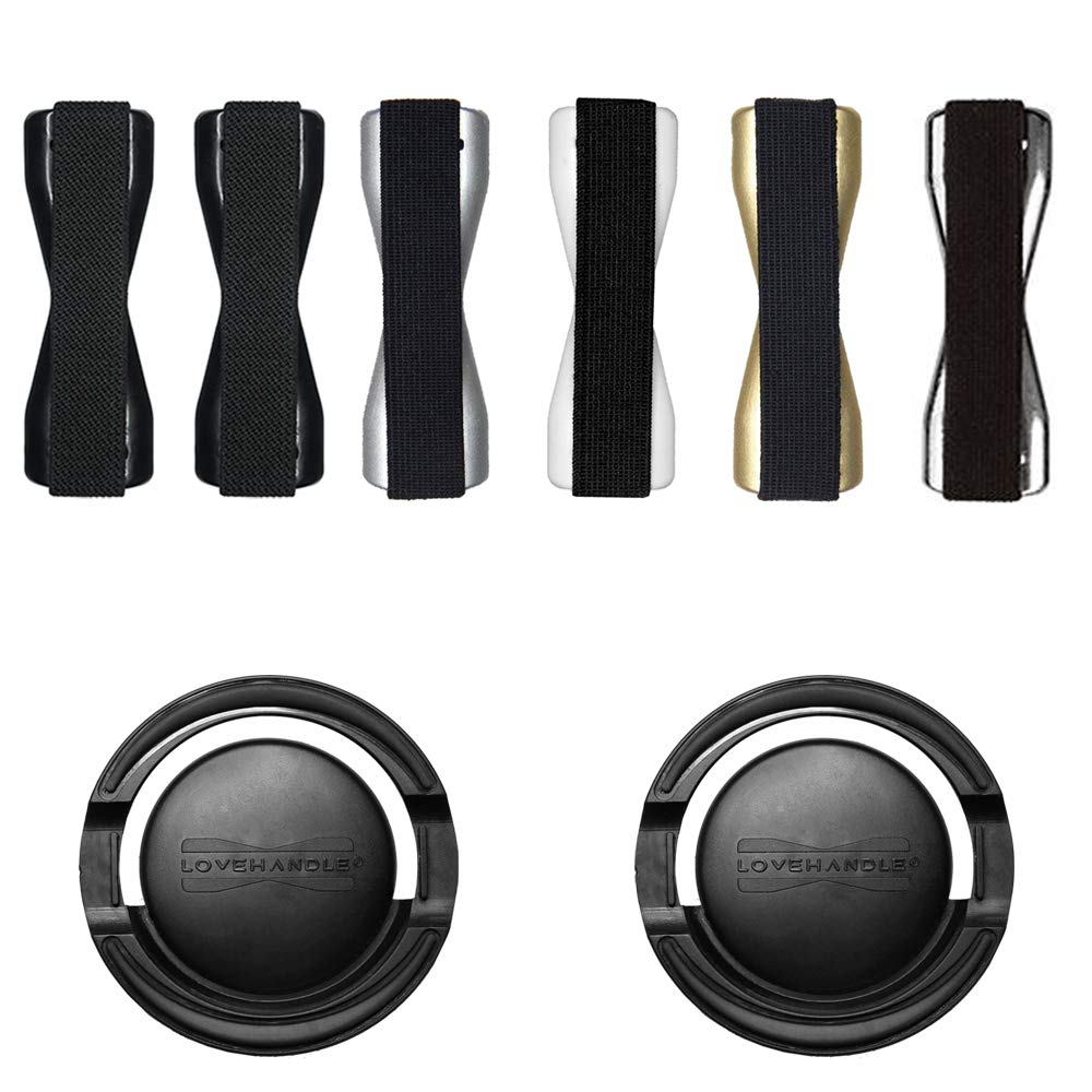 Lovehandle Grip For Smartphone And Mini Tablet With Lovehandle 360 Mount, Black Elastic Strap Wih Solid Colored Base, 6 Grip And