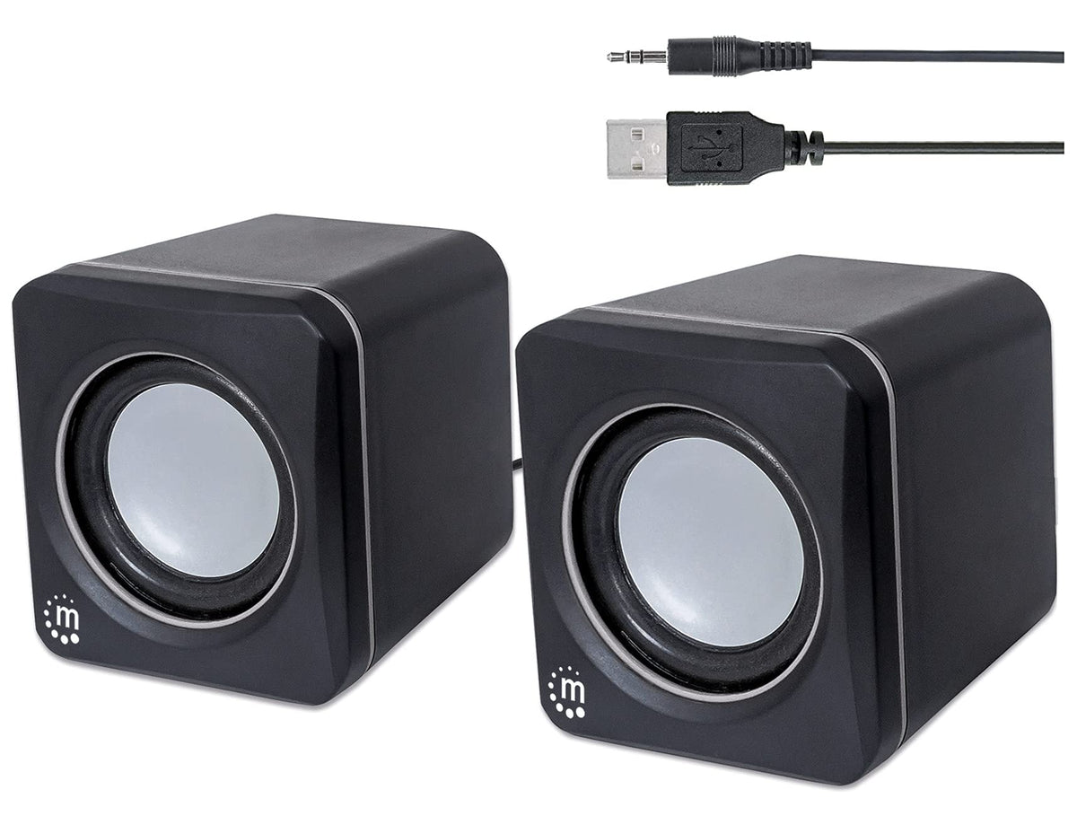 MANHATTAN USB Powered Stereo Speaker System - Small Size - with Volume Control & 3.5 mm Audio Plug to Connect to Laptop, Notebook, Desktop, Computer - 3 Yr Mfg Warranty - Black Silver, 166898