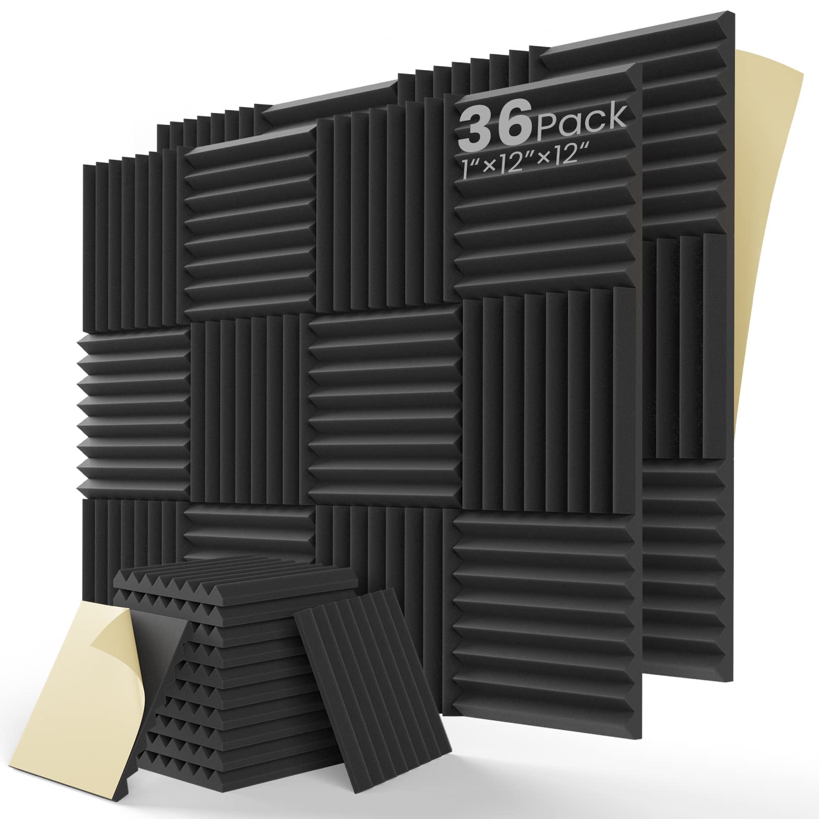 Leiyer Upgrade 36 Pack Sound Proof Foam Panels With Self Adhesive, 1'' X 12'' X 12'' Quick Recovery Acoustic Panels, Acoustic Fo