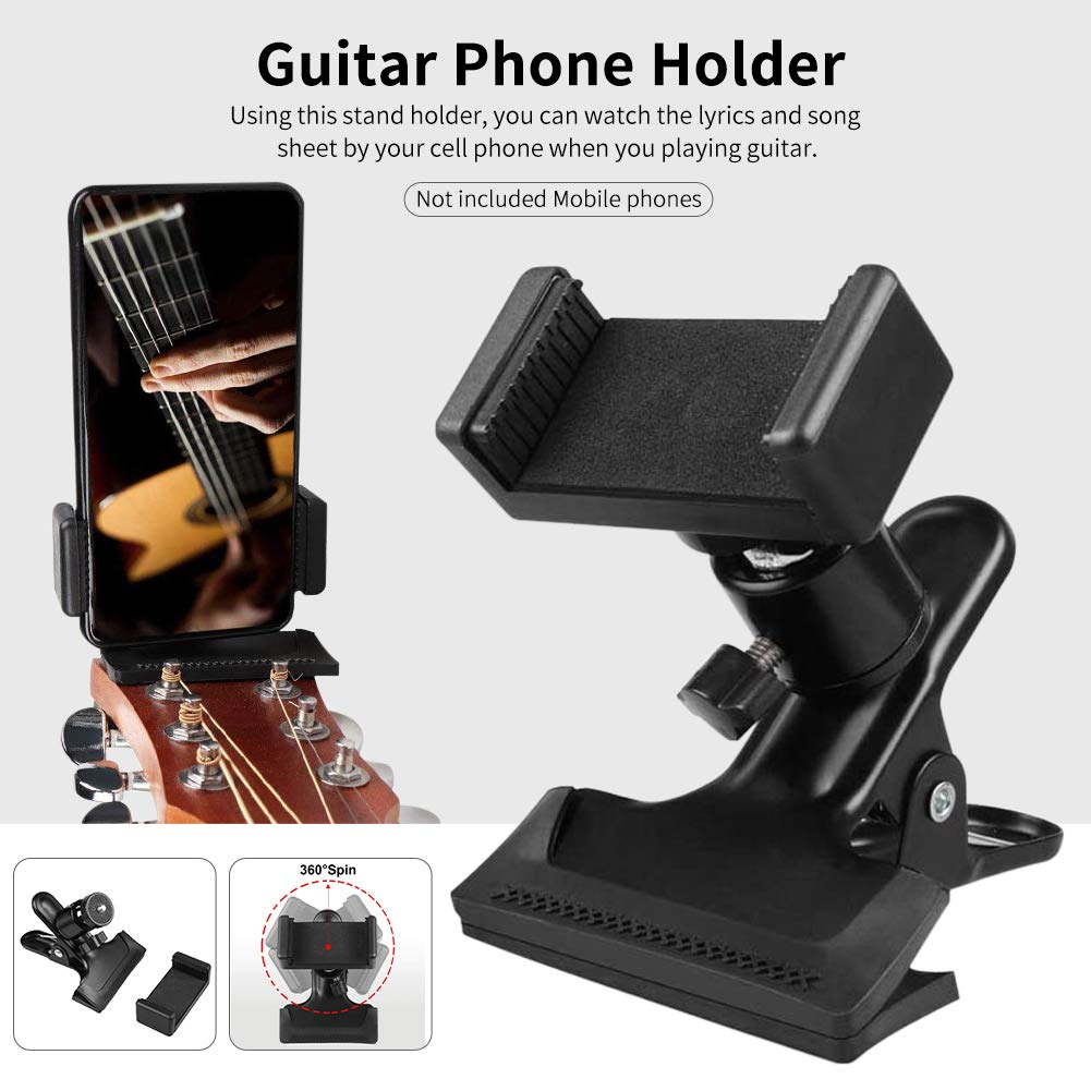 Guitar Head Clip Mobile Phone Holder, 360 Rotation Live Broadcast Bracket Clip Guitar Bass Head Phone Holder Bracket Stand For G