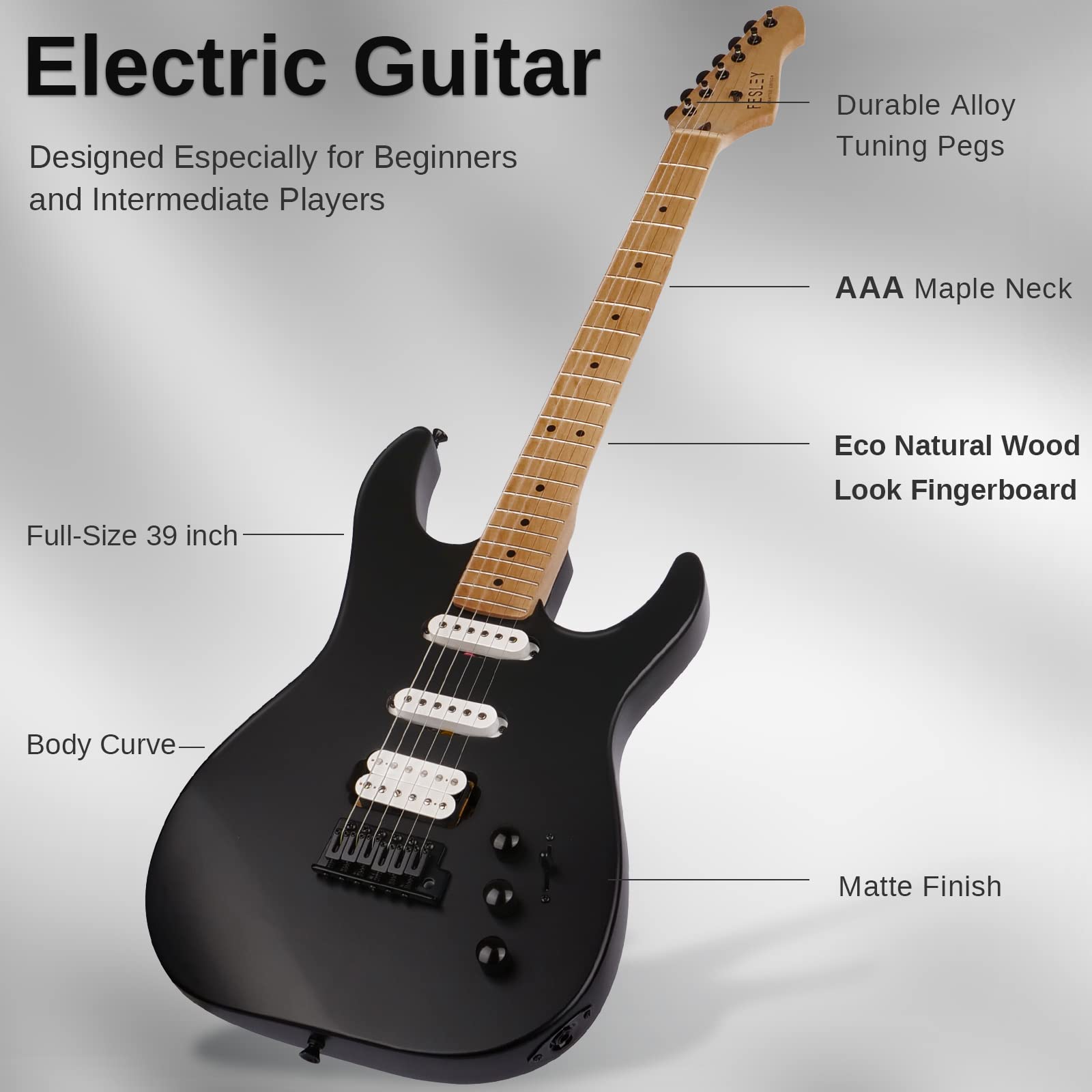 Fesley Electric Guitar, Full Size Solid Body, Hss 6 Strings, F St Style, Right Handed, Aaa Hard Maple Neck & Fretboard Minimalis