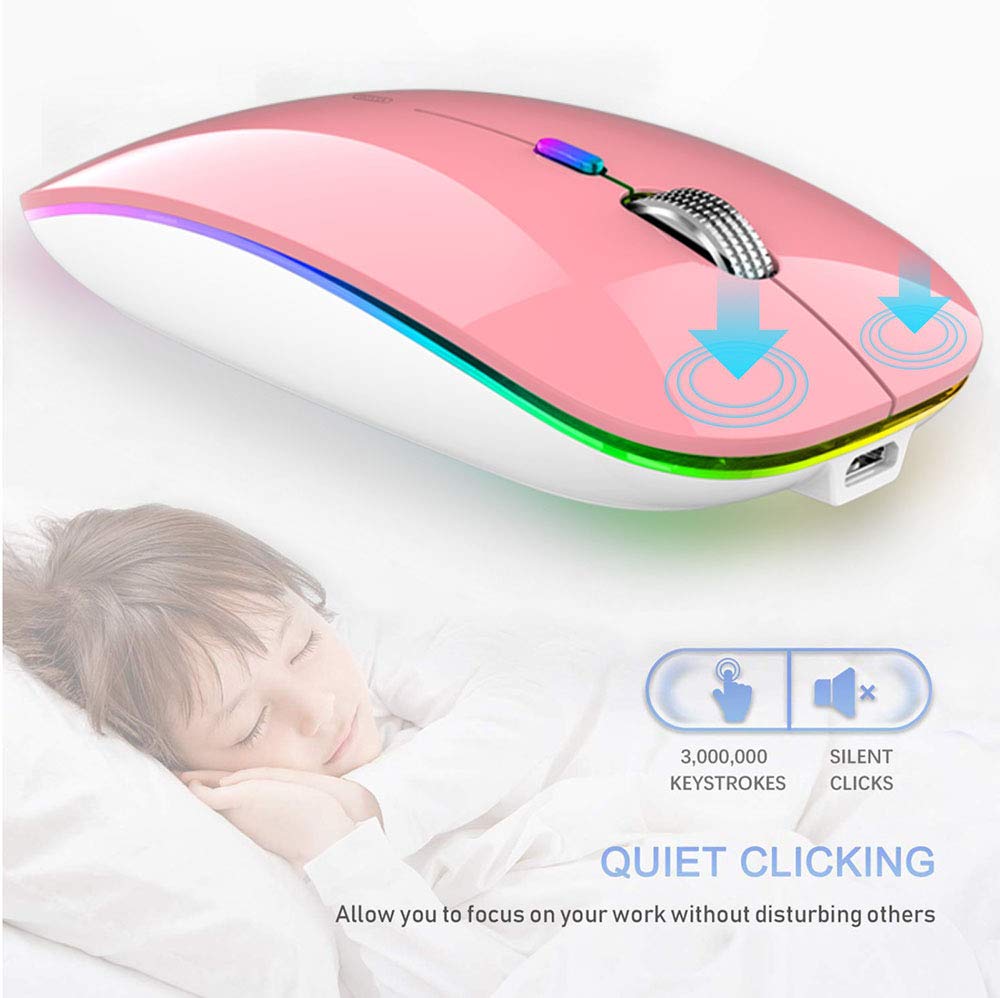 Tenmos Wireless Bluetooth Mouse, Led Slim Dual Mode (Bluetooth 5.1 + Usb) 2.4Ghz Rechargeable Silent Bluetooth Wireless Mouse With Type C Adapter For Laptop/Macbook/Ipad Os 13 And Above (Pink)