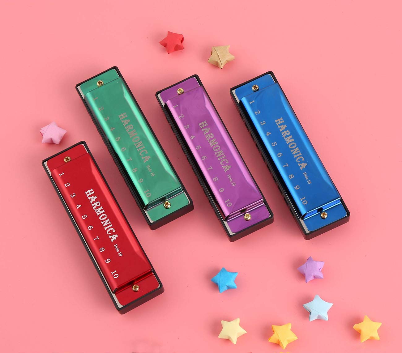 Yoksas 4Pcs Harmonicas Set C Key 10 Hole With Case Cleaning Cloth For Adults Beginner Students Kids(Green,Red,Blue,Purple)