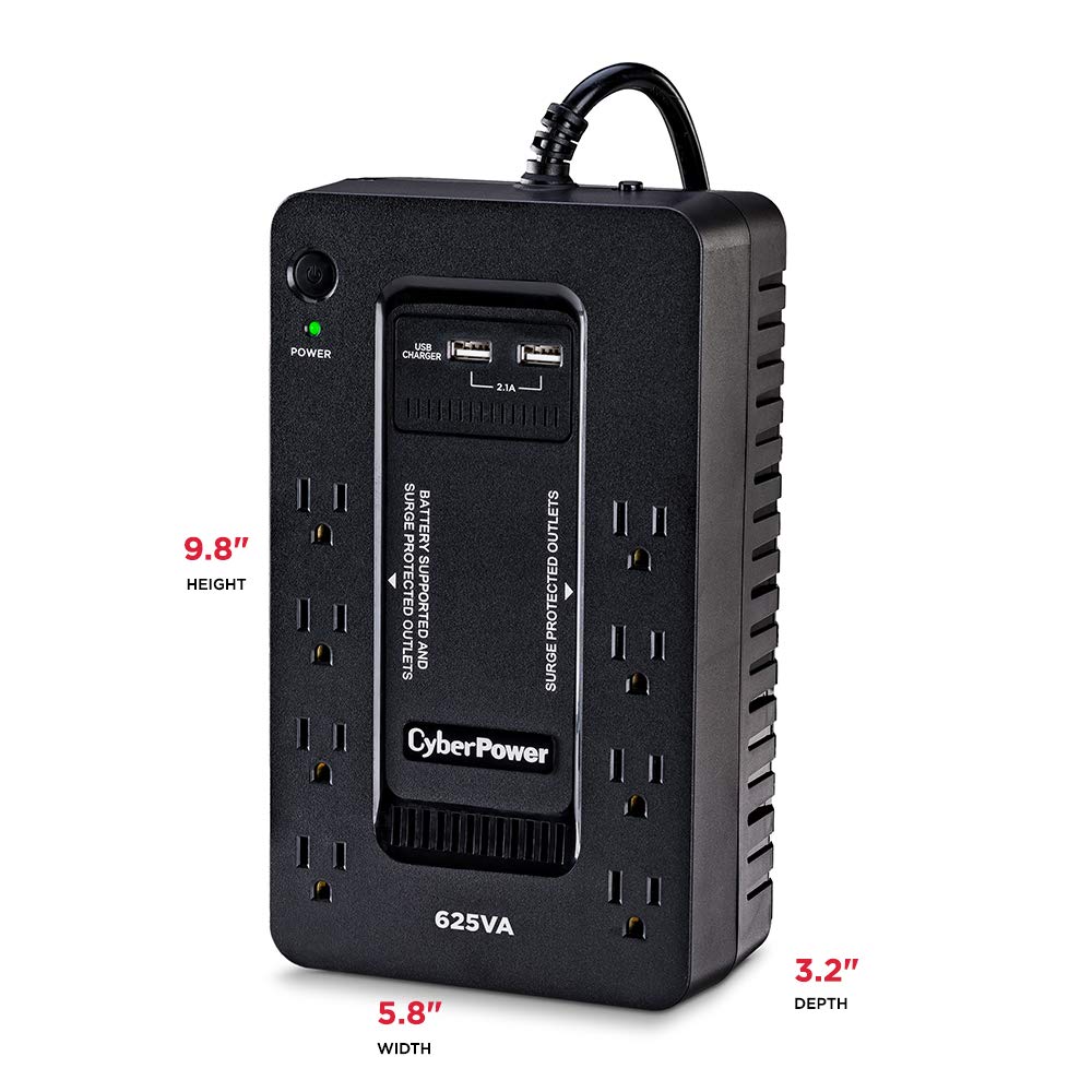 Cyberpower St625U Standby Ups System, 625Va/360W, 8 Outlets, 2 Usb Charging Ports, Compact, Black