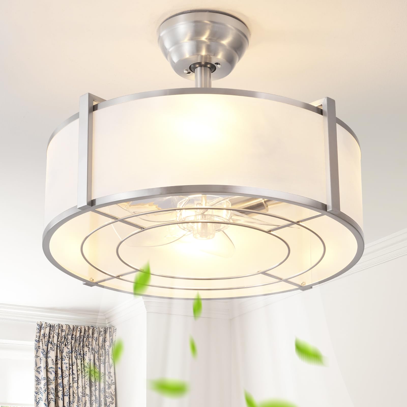 YMKSKJ 20 Silver Fandelier Ceiling Fans with Lights, Boho Rattan Ceiling Fan with Light Remote Control, Caged Mid-Century Modern