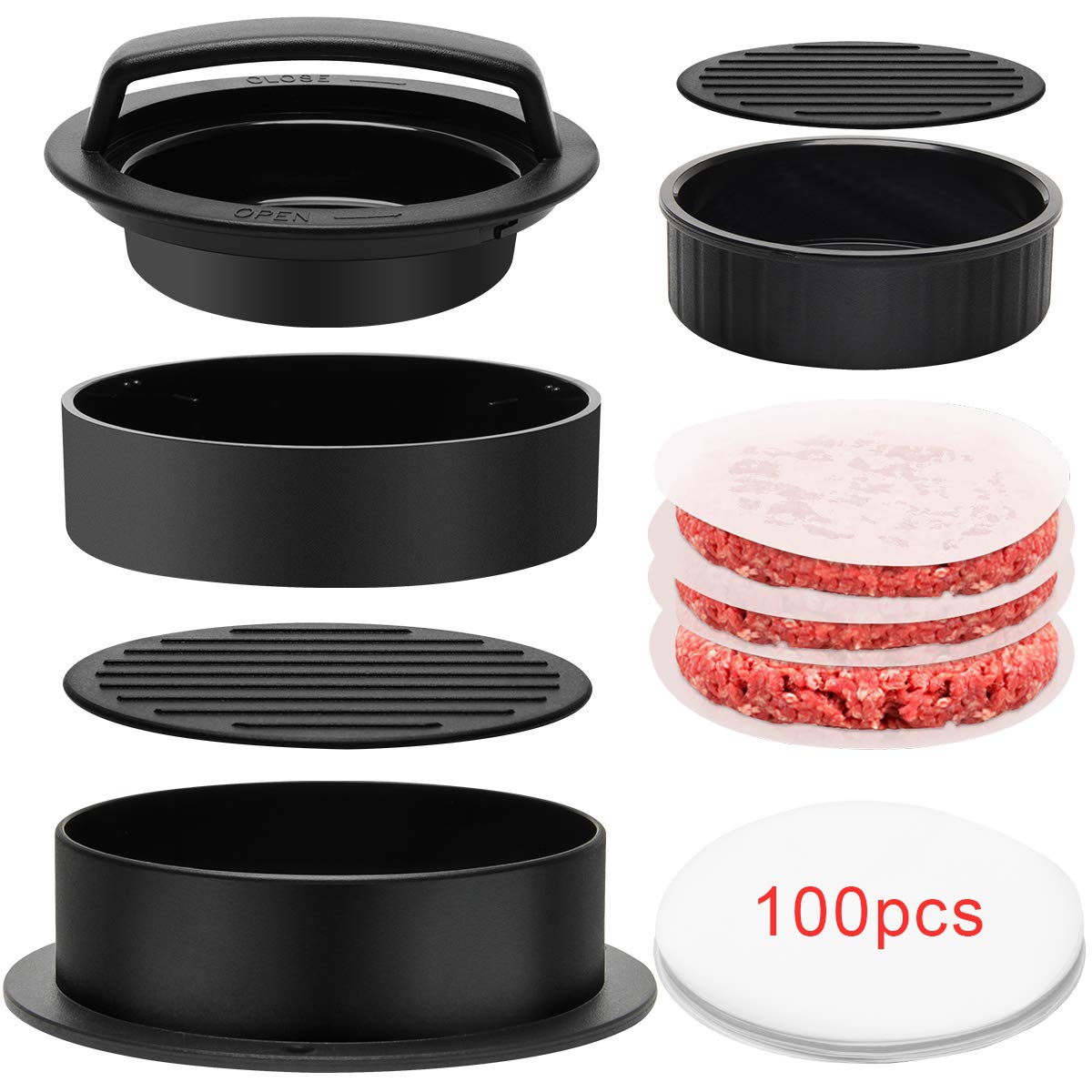Luxiv 3 In 1 Burger Press, Hamburger Patty Maker Stuffed Burgers Press With 100P Hamburger Paper For Bbq Non Stick Sliders Beef