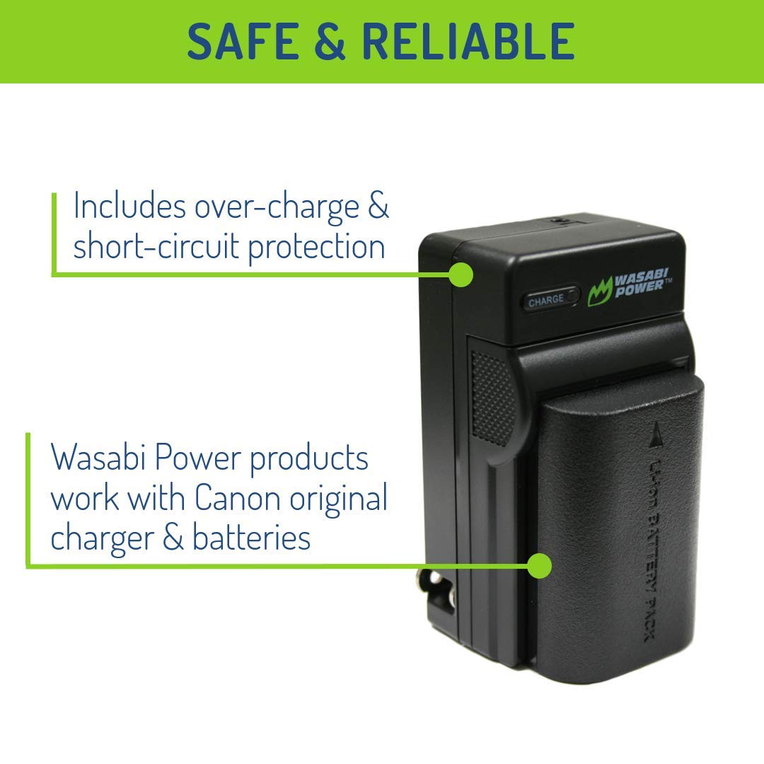 Wasabi Power LP E6, LP E6N Battery (2 Pack) and Charger for Canon EOS 5D Mark II/III/IV, 5DS, 5DS R, 6D, 6D Mark II, 7D, 7D Mark II, 60D, 70D, 80D, 90D, R, R5, R6, Ra, XC10, XC15, BMPCC 4K, BMPCC 6K