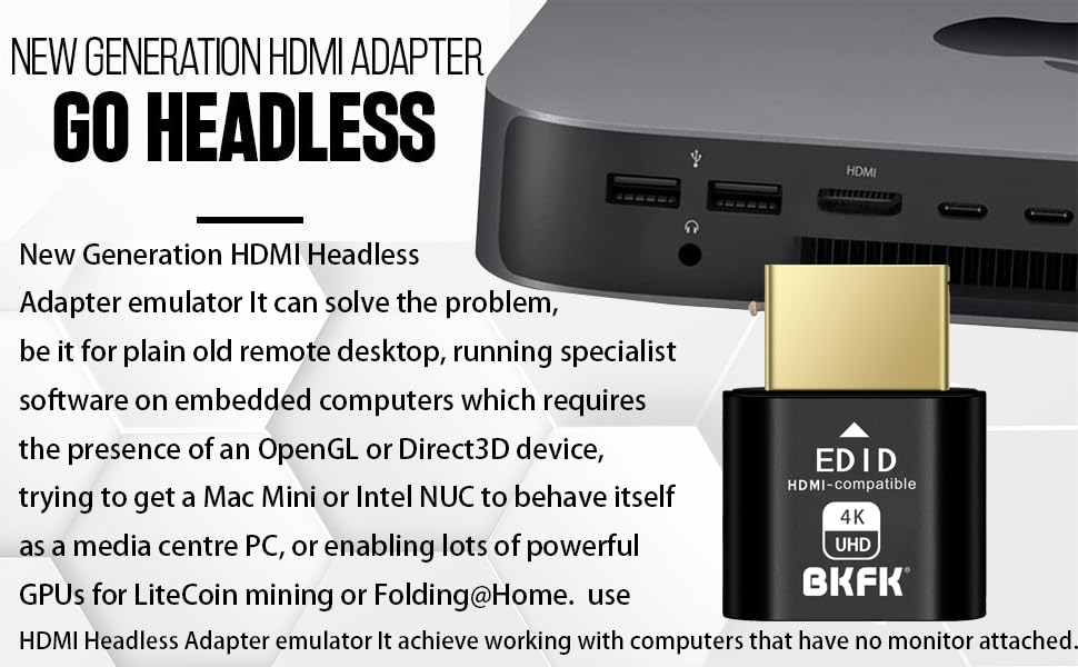 Bkfk Hdmi Dummy Plug 4K,Virtual Monitor Edid Emulator, Headless Display Adapter,Headless Hdmi Adapter,Hdmi Dummy,Supports Up To