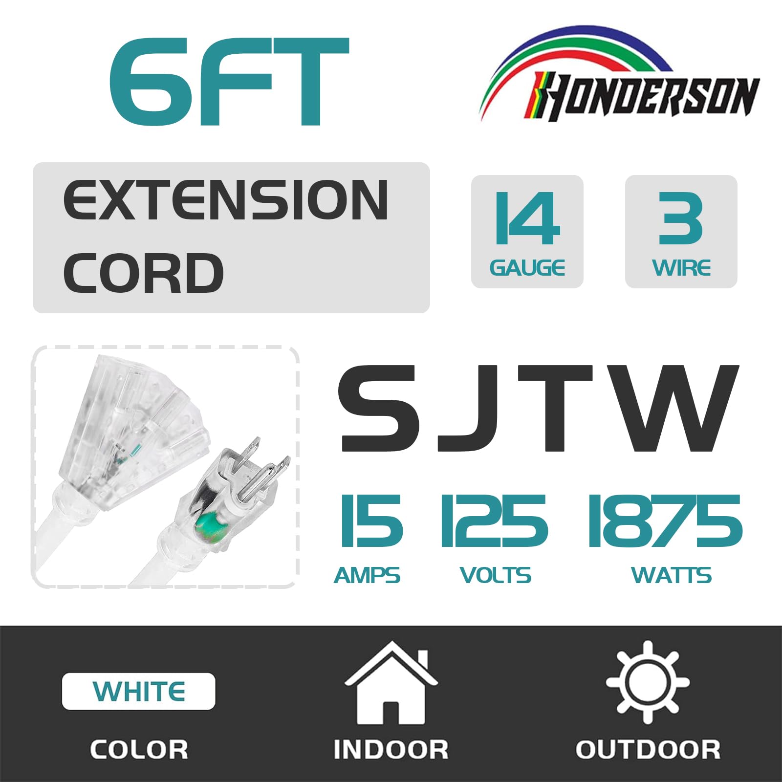 Honderson 3 Outlets Indoor Outdoor Extension Cord Weatherproof With Lighted End, Ul Listed, 14 Gauge 6Ft White 3 Prong Heavy Dut