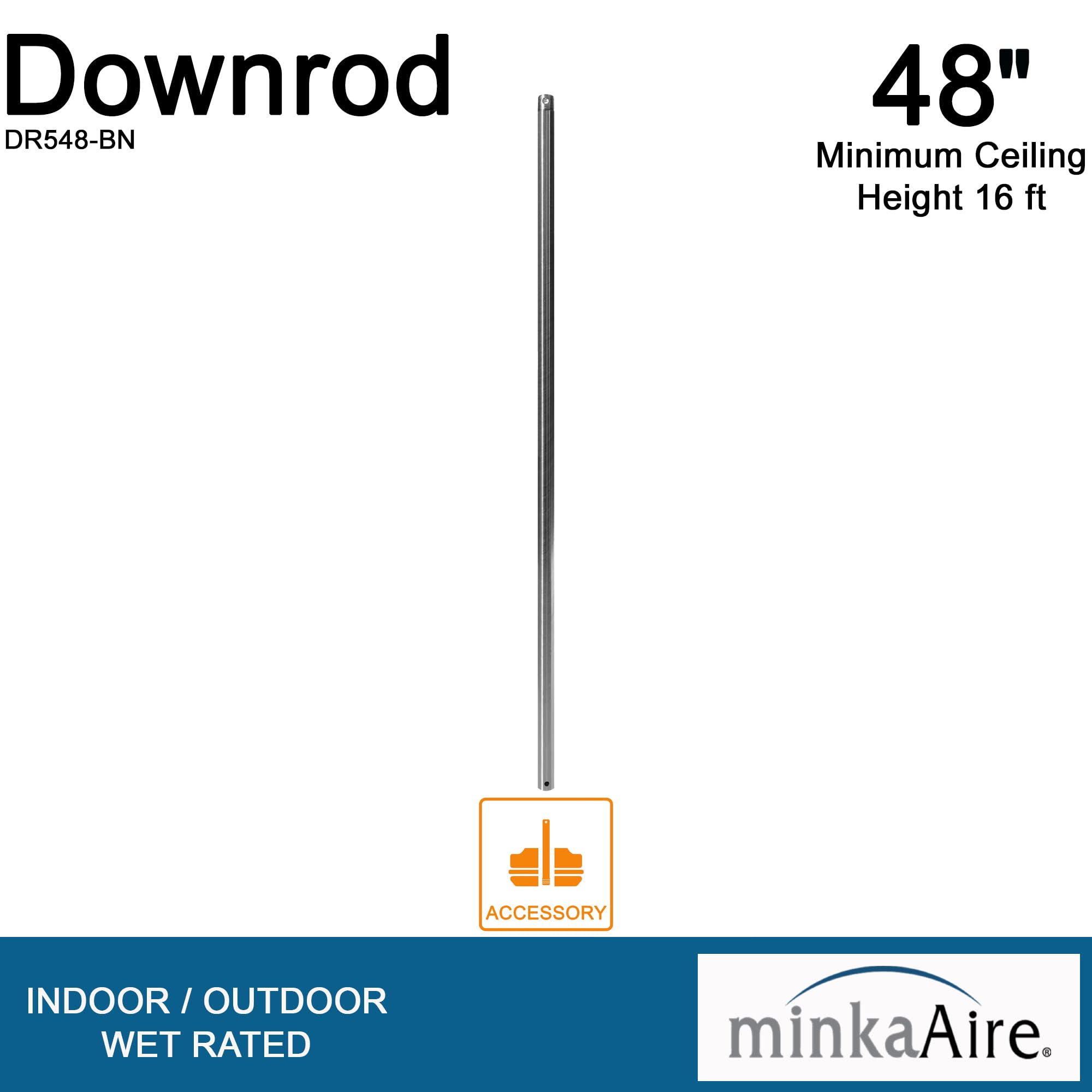 Minka-Aire 48 Inch Ceiling Fan Downrod - Brushed Nickel - Dr548-Bn