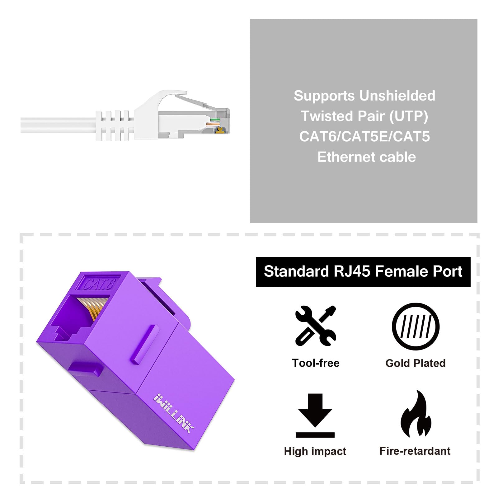 Iwillink Rj45 Cat6 Keystone Coupler 25 Pack, Female To Female Cat6 Keystone Jack, Utp Keystone Coupler Insert (Purple)