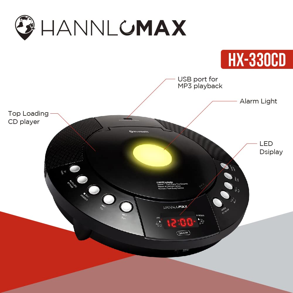 Hannlomax Hx 330Cd Cd Player, Fm Radio, Bluetooth, Alarm Clock, Red Led Display, Usb Port For Charge/Mp3 Playback, Aux In, Remot