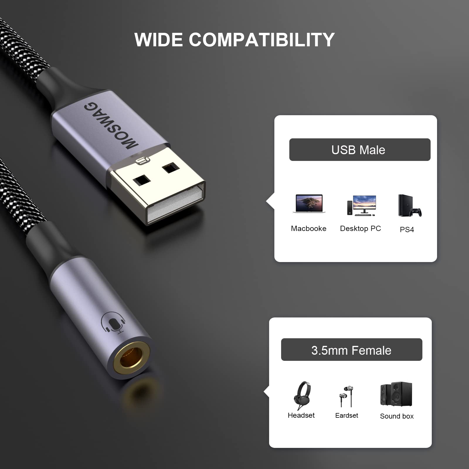 Moswag Usb To 3.5Mm Jack Audio Adapter,Usb To Aux Cable With Trrs 4 Pole Mic Supported Usb To Headphone Aux Adapter External Sou