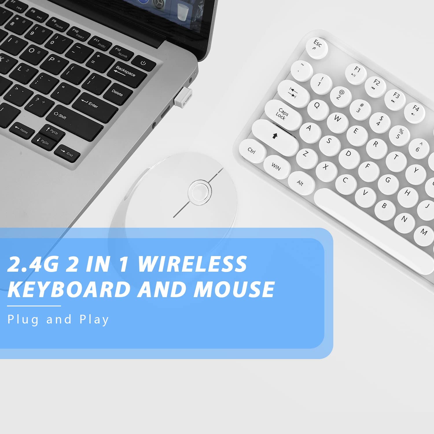 Wireless Keyboard Mouse Combo, 104 Keys Cute White Keyboard With Number Pad & Mouse For Windows, Computer, Pc, Notebook, Laptop