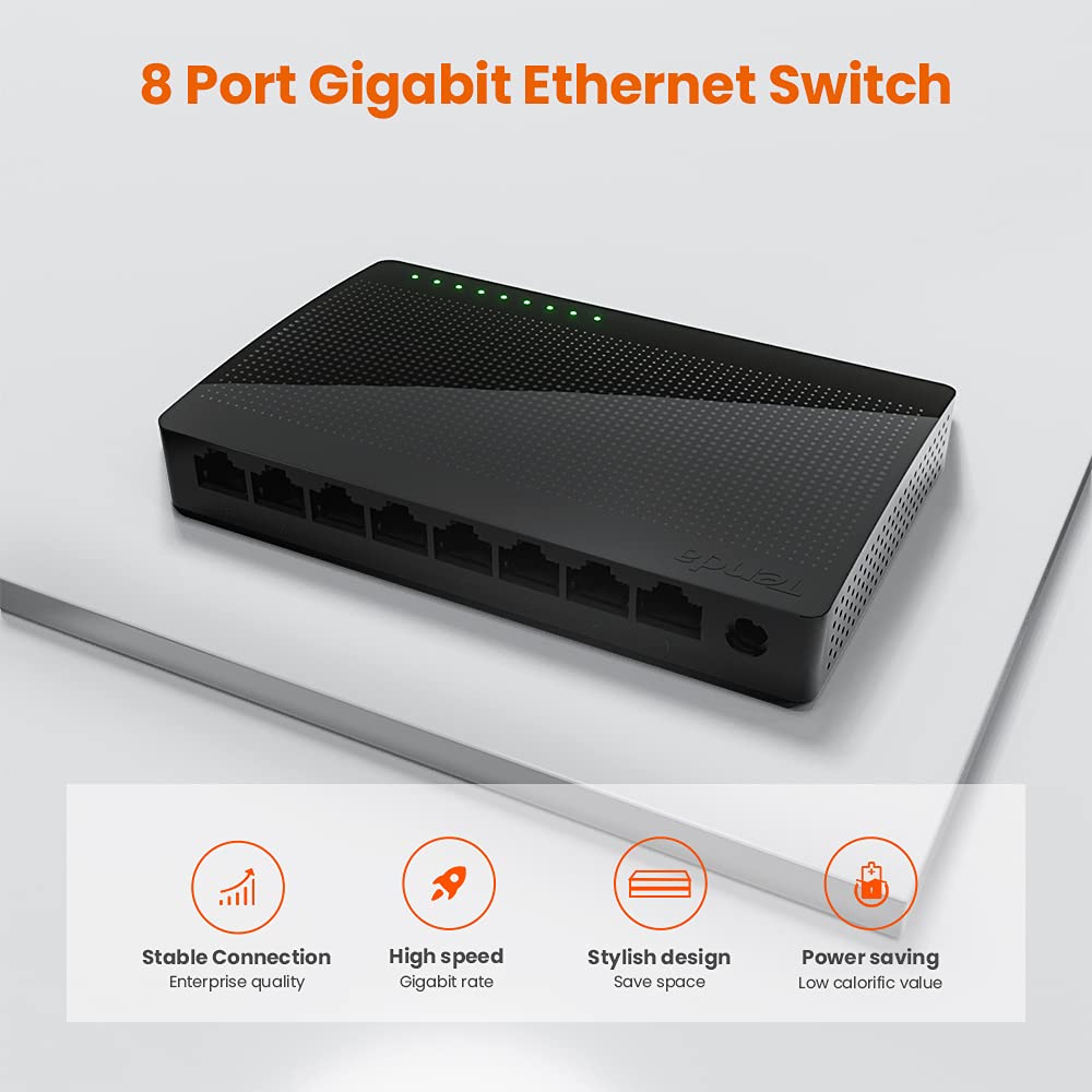 Tenda Sg108, 8-Port Gigabit Ethernet Switch, Unmanaged Network Hub, Ethernet Splitter, Plug & Play, Shielded Ports & Plastic Cas