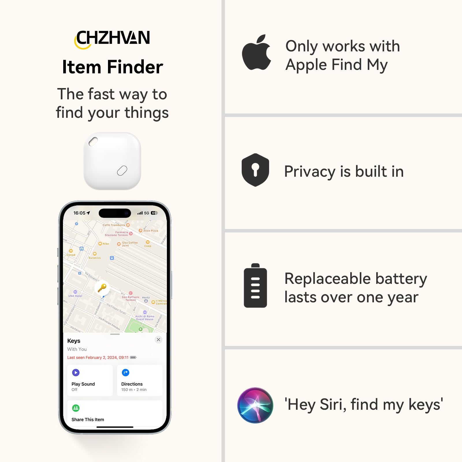 Chzhvan Key Finder, Wallet Tracker Works With Apple Find My (Ios Only), Replaceable Battery, Water Resistant, Bluetooth Item Fin